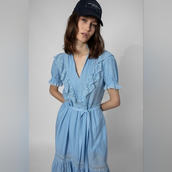 ZADIG & VOLTAIRE Ronelo Tomboy Oxford Blue Cotton Midi Dress Size Large - Picture 3 of 11